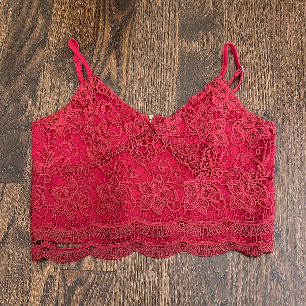 Dark, red wine lace crop top with gold detailed zipper
